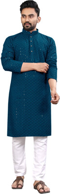 click n buy Men Self Design Straight Kurta(Dark Blue)