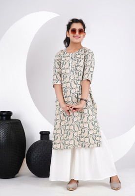 DMP EXPORT Girls Floral Print Straight Kurta(Light Green)