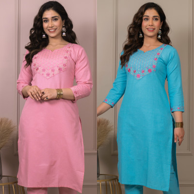Auzanoor Collection Women Embroidered Straight Kurta(Blue, Pink)