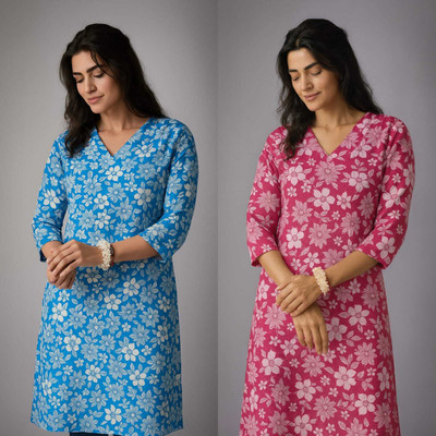 shyam club Women Printed A-line Kurta(Blue, Red)