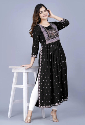 Niona Women Printed Straight Kurta(Black, White, Gold)