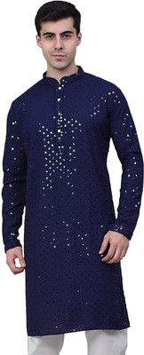 das saree Men Embellished Straight Kurta(Dark Blue)