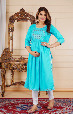 Anikaa Women Embroidered, Solid Flared Kurta(Blue)
