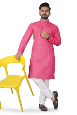 DHASU TRENDZ Men Solid Straight Kurta(Pink)