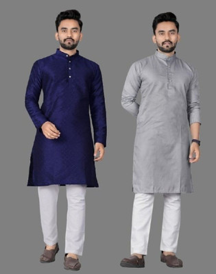 DHASU TRENDZ Men Self Design, Solid Straight Kurta(Grey, Dark Blue)