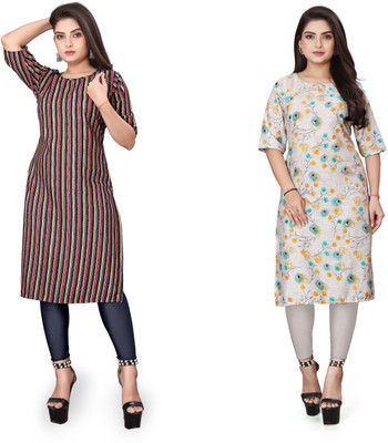 Alpha Fashion Women Floral Print, Striped A-line Kurta(Multicolor)