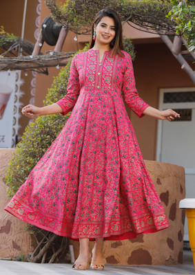 Kayastha Women Printed Anarkali Kurta(Pink)