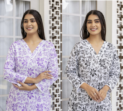 Women Printed Kurta(Purple, Black)