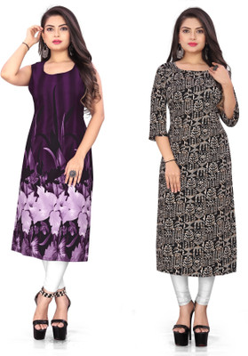 Hiral Creation Women Printed Straight Kurta(Purple)