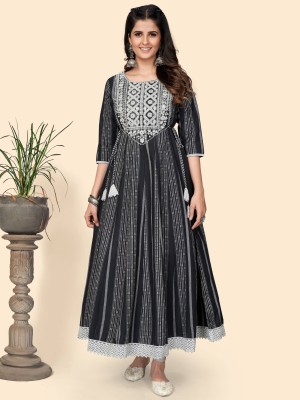 VBUYZ Women Printed Anarkali Kurta(Black)