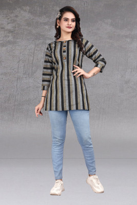 FABTOWN Women Striped Straight Kurta(Black, Grey, Beige)