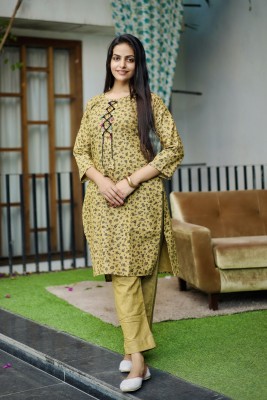 ETHNICPARAMPARA Women Printed, Self Design A-line Kurta(Yellow)