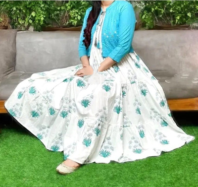 Windson Women Floral Print Anarkali Kurta(Blue, White)