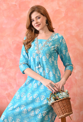 KKOUTFITS Women Floral Print Straight Kurta(Blue)