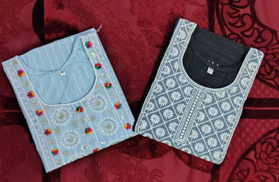AAYAT KURTIES Women Embroidered A-line Kurta(Blue, Black)