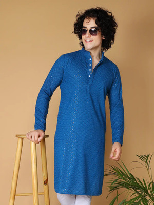 Svatantra Men Chikan Embroidery Straight Kurta(Dark Blue)