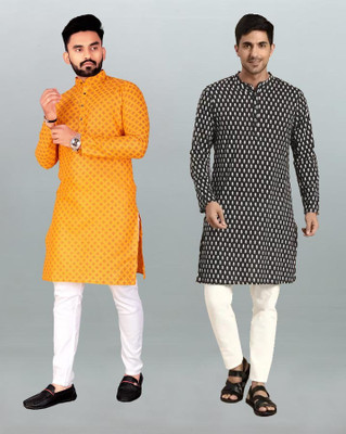 TIGERSNAKE Men Printed Straight Kurta(Yellow, Black)