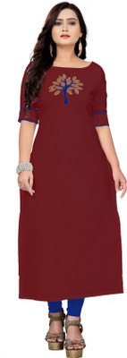 fentik.com Women Embroidered Straight Kurta(Red)