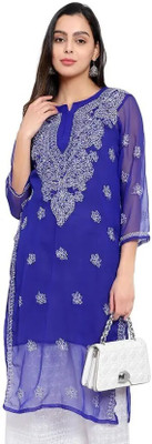 couterege Women Chikan Embroidery A-line Kurta(Blue)