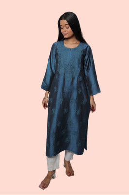 Shah Chikan Women Embroidered Straight Kurta(Dark Blue)