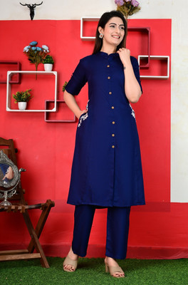 Akanttaa Women Solid A-line Kurta(Blue)