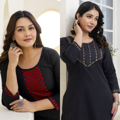 Auzanoor Collection Women Self Design Straight Kurta(Black)