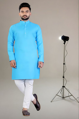HOC's Men Solid Straight Kurta(Light Blue)