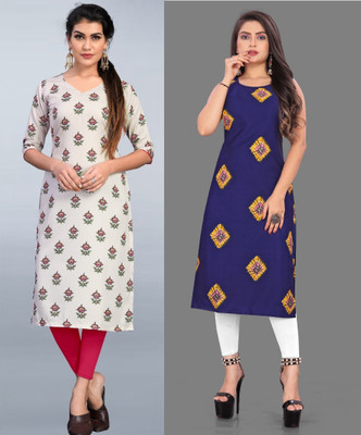 tanvi creation Women Printed Straight Kurta(Beige, Blue)