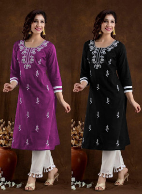 Women Chikan Embroidery Kurta(Multicolor)