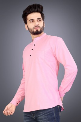 EliteWear Men Solid Straight Kurta(Pink)