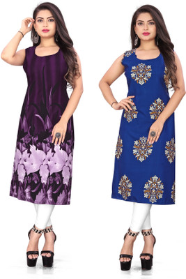 maruti fab Women Floral Print Straight Kurta(Purple, Blue)