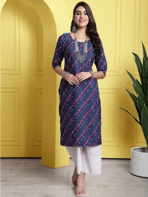 EthnicBasket Women Printed Straight Kurta(Blue)