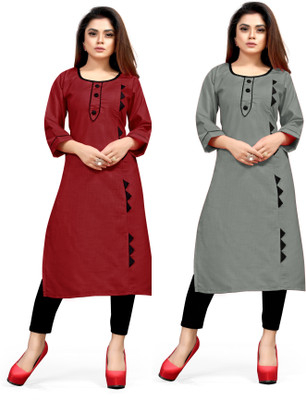 AAI MOGAL Women Solid Straight Kurta(Maroon, Grey)