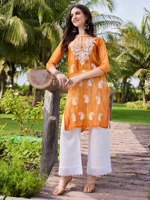 Anmi Chikan Embroidery Women Straight Kurta(Orange)