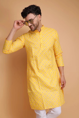 DARKCHILL Men Printed Straight Kurta(Yellow)