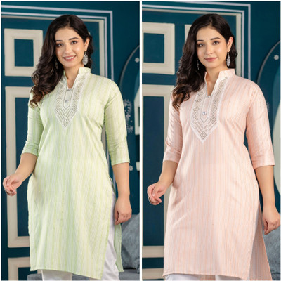 ATTIREGURU Women Embroidered Straight Kurta(Beige, Green)