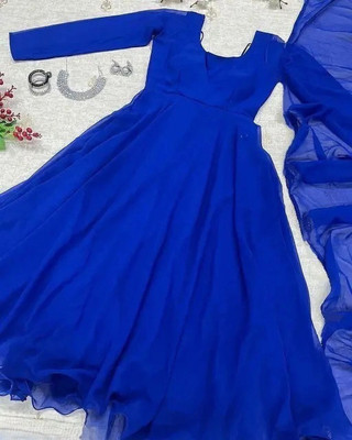 mogal fashion Women Floral Print Anarkali Kurta(Blue)