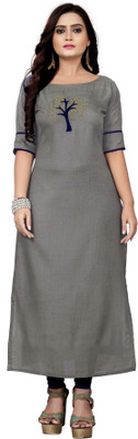 fentik.com Women Woven Design Straight Kurta(Grey)