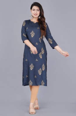 JKS Women Printed Straight Kurta(Blue)