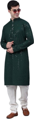 DHASU TRENDZ Men Embroidered Straight Kurta(Green)