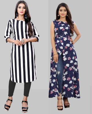 maruti fab Women Striped, Printed A-line Kurta(Blue, White)