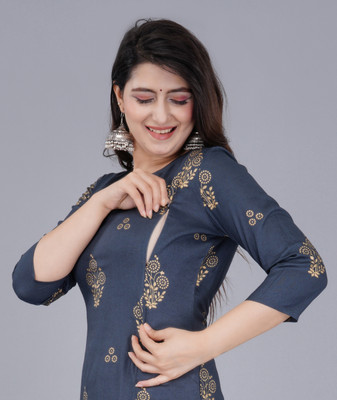 Kalwaniya Women Printed A-line Kurta(Grey)