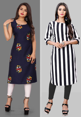 tanvi creation Women Printed Straight Kurta(White, Dark Blue)