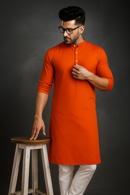 Z zedup Men Solid Straight Kurta(Orange)