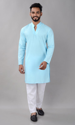 VILLAIN Men Solid Straight Kurta(Light Blue)