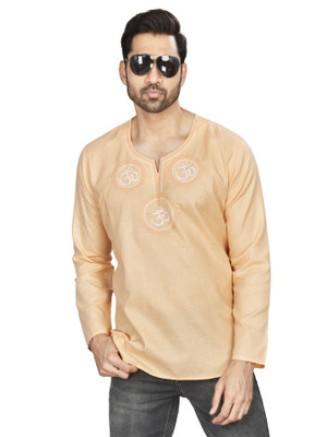 Offline Men Embroidered Straight Kurta(Beige)