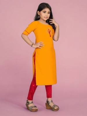 umbrellafashion Girls Casual Kurta and Pyjama Set(Orange Pack of 1)