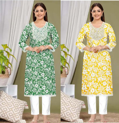 AlkalineRahu Women Floral Print A-line Kurta(Green, Yellow)