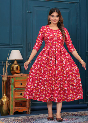 phoolkesa Women Printed Anarkali Kurta(Red, White)