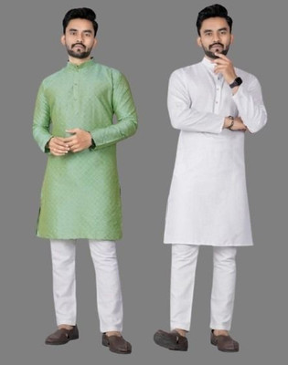 DHASU TRENDZ Men Self Design, Solid Straight Kurta(White, Green)